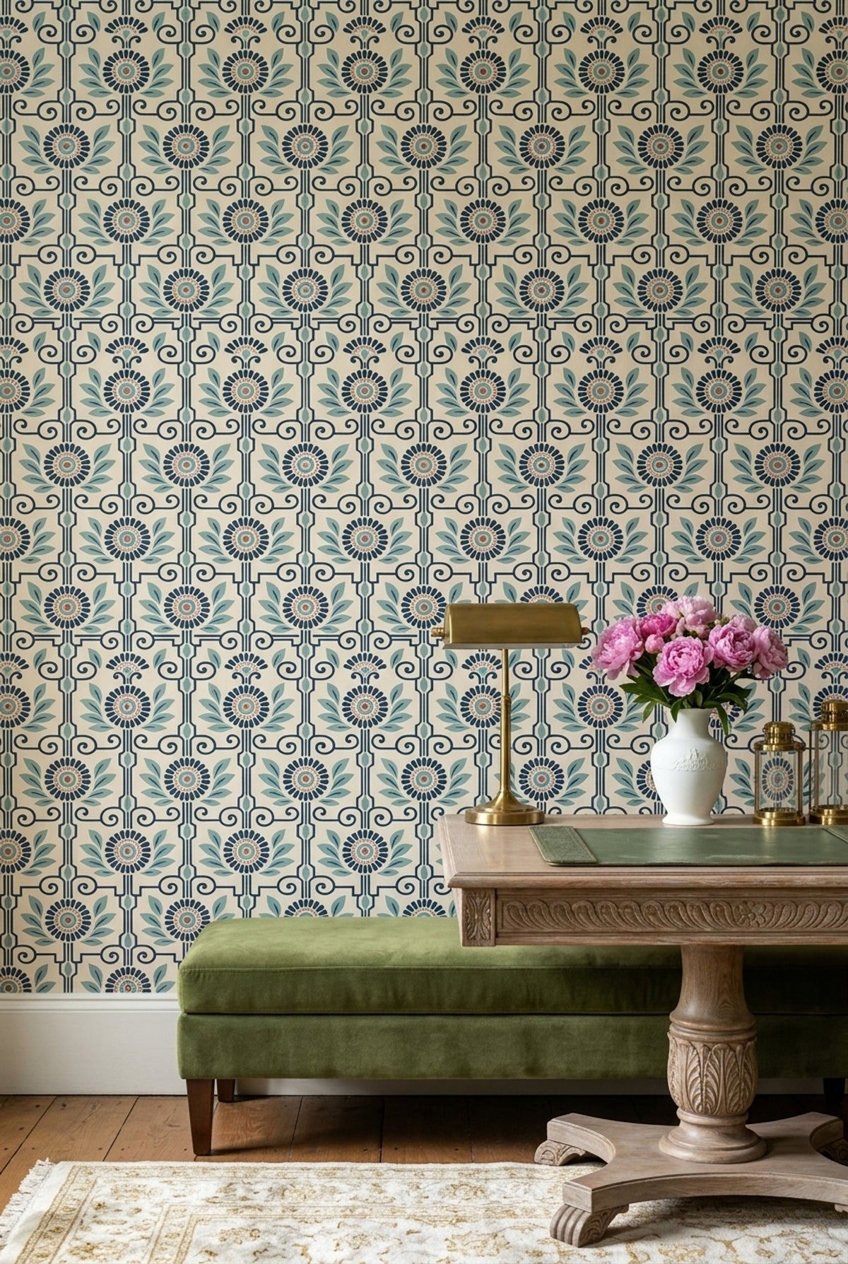 Retro Geometrik Çiçek Desenli Duvar Kağıdı Mavi Bej Salon