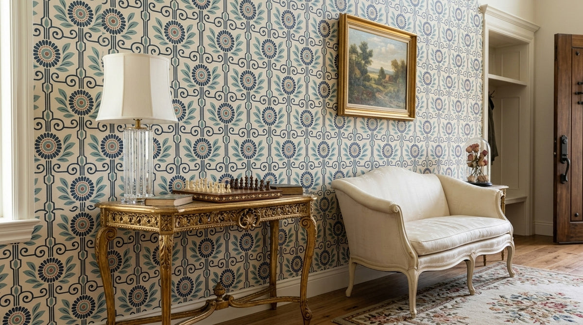 Retro Geometrik Çiçek Desenli Duvar Kağıdı Mavi Bej Salon