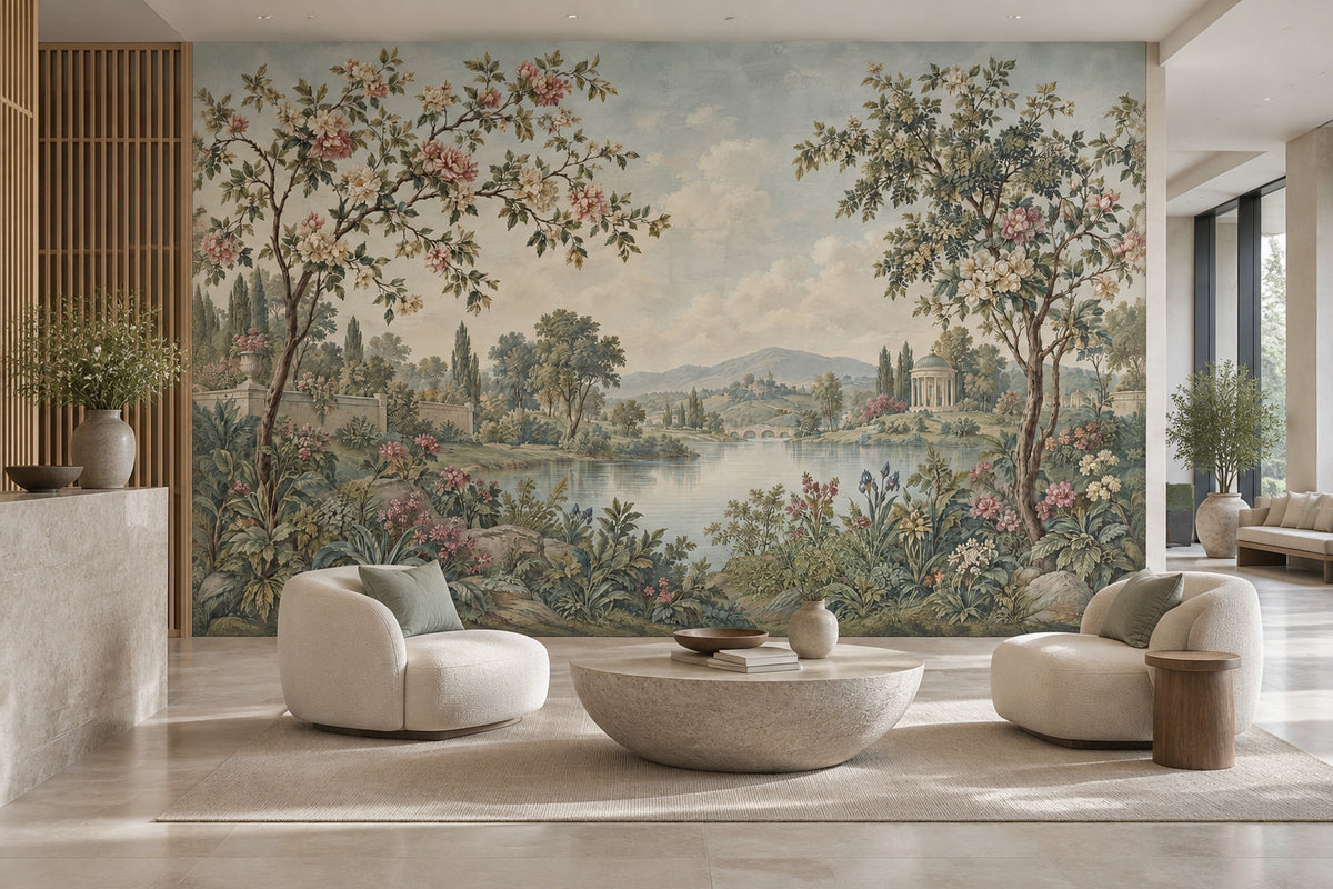 Klasik Manzara Poster Duvar Kağıdı Yeşil Bahçe Desenli Salon