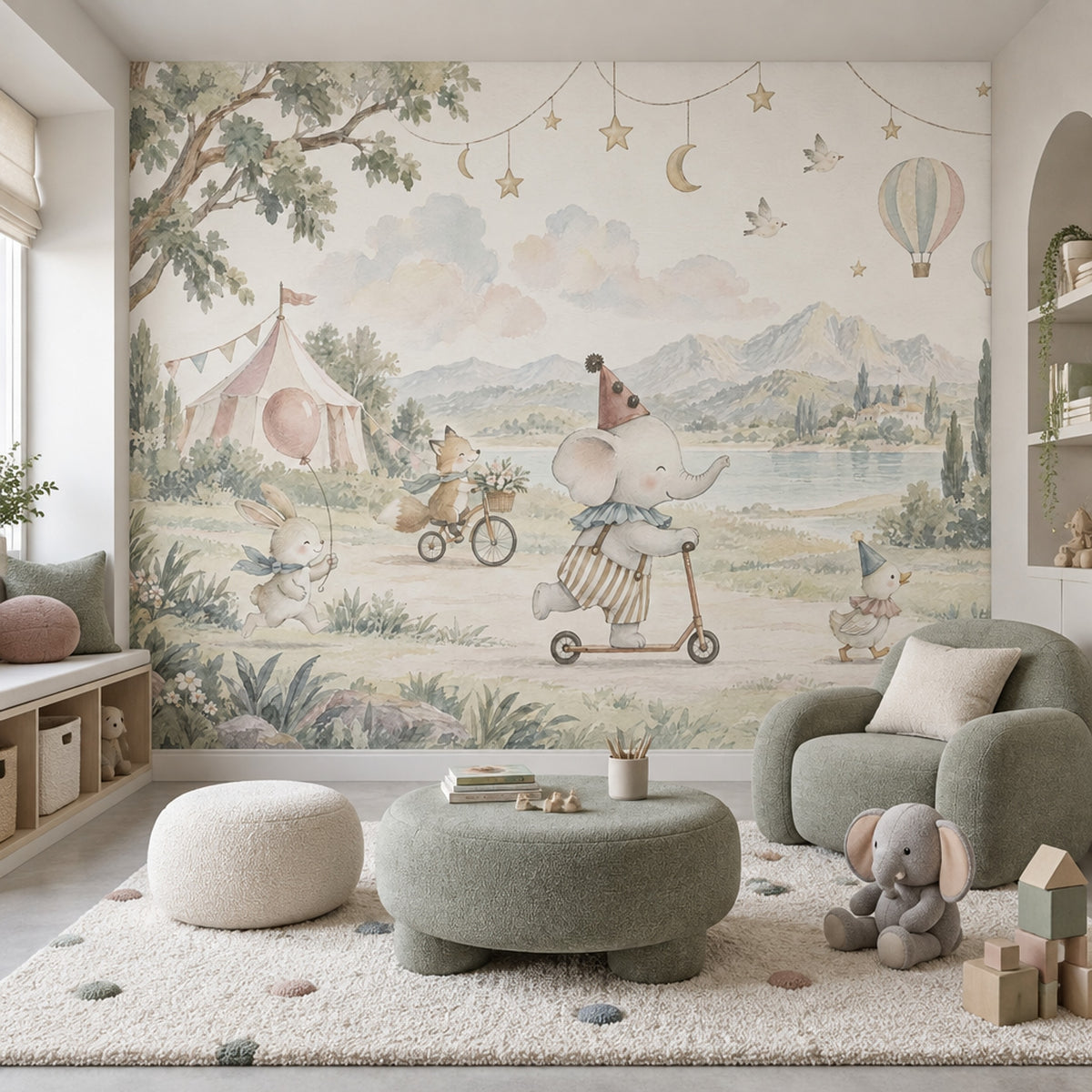 Sirk Temalı Hayvanlı Poster Duvar Kağıdı Pastel Çocuk Odası