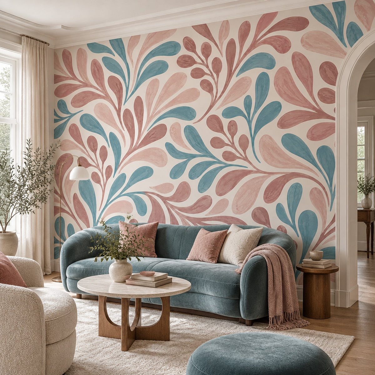 Pastel Yaprak Desenli Poster Duvar Kağıdı Pembe Mavi Modern