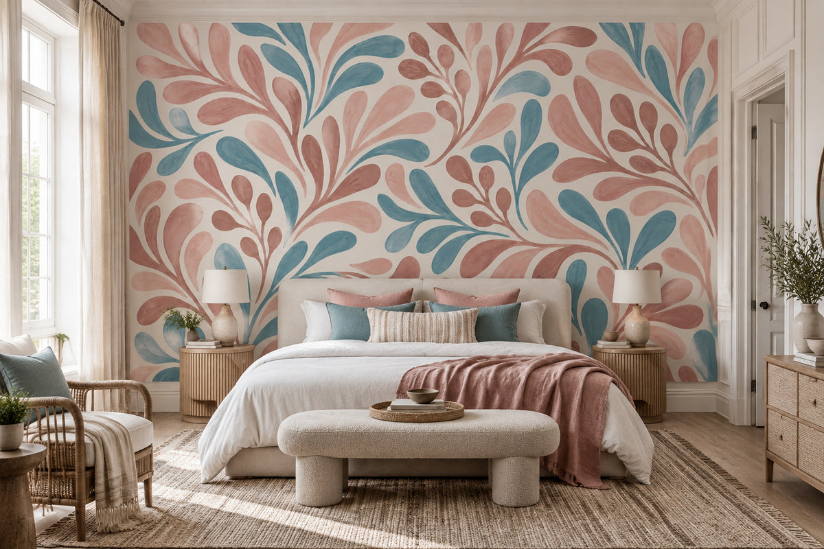 Pastel Yaprak Desenli Poster Duvar Kağıdı Pembe Mavi Modern