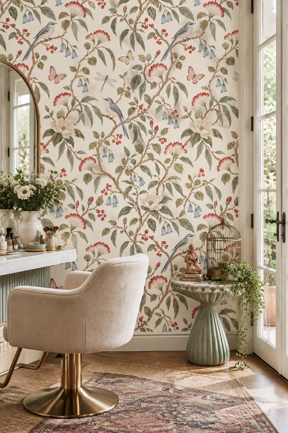 Kuşlu Çiçekli Duvar Kağıdı Krem Zemin Klasik Desen