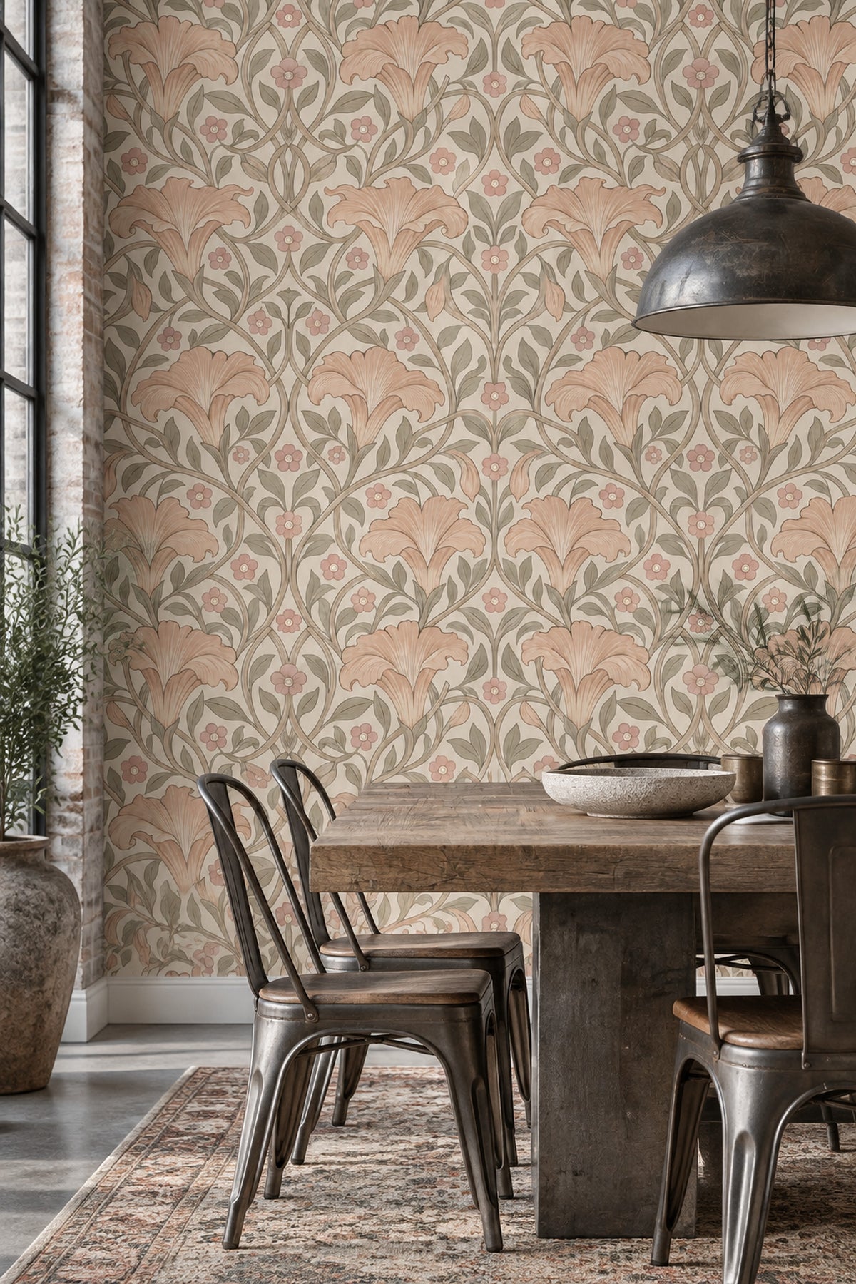 Art Nouveau Çiçekli Duvar Kağıdı Bej Pudra Desenli Salon