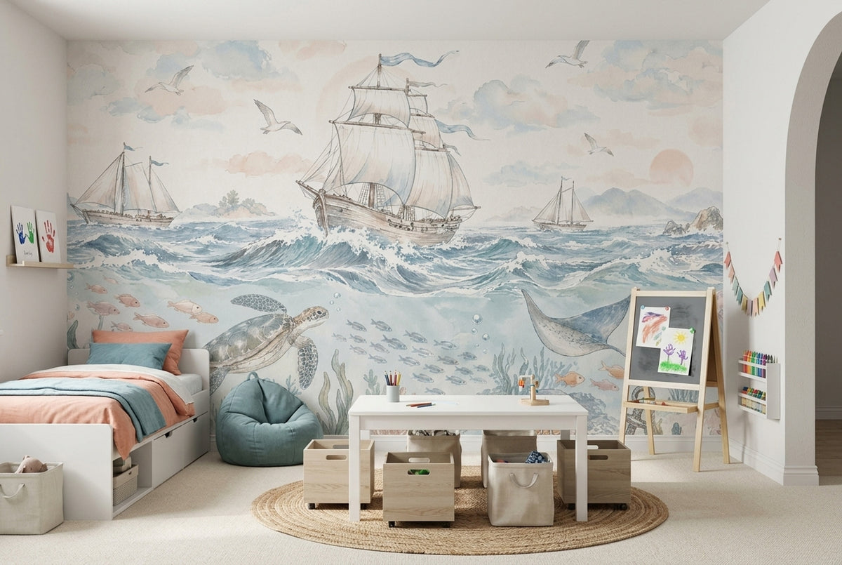 Deniz Altı Gemili Poster Duvar Kağıdı Pastel Çocuk Odası