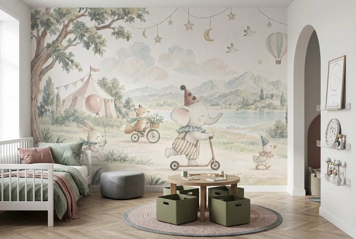 Sirk Temalı Hayvanlı Poster Duvar Kağıdı Pastel Çocuk Odası
