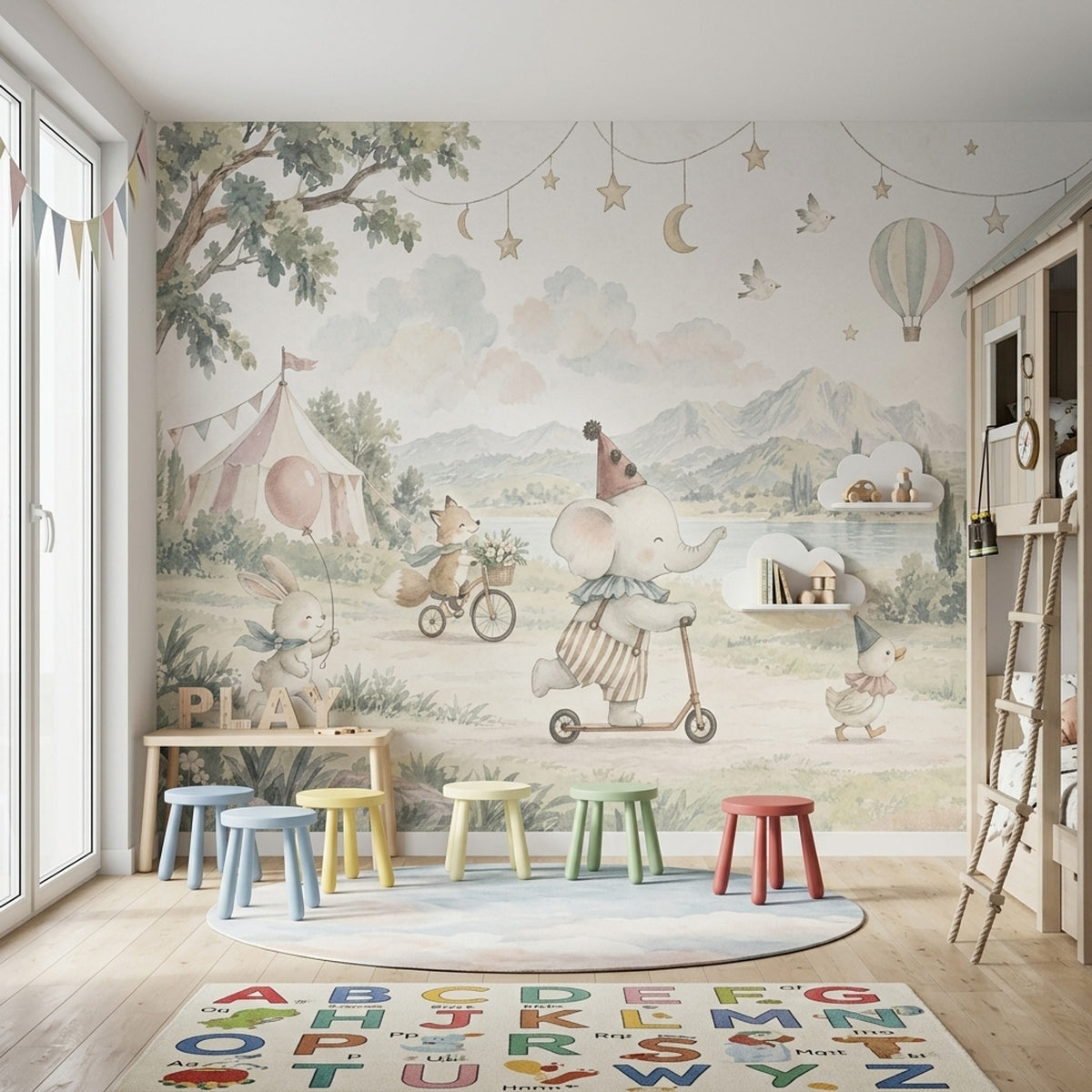 Sirk Temalı Hayvanlı Poster Duvar Kağıdı Pastel Çocuk Odası