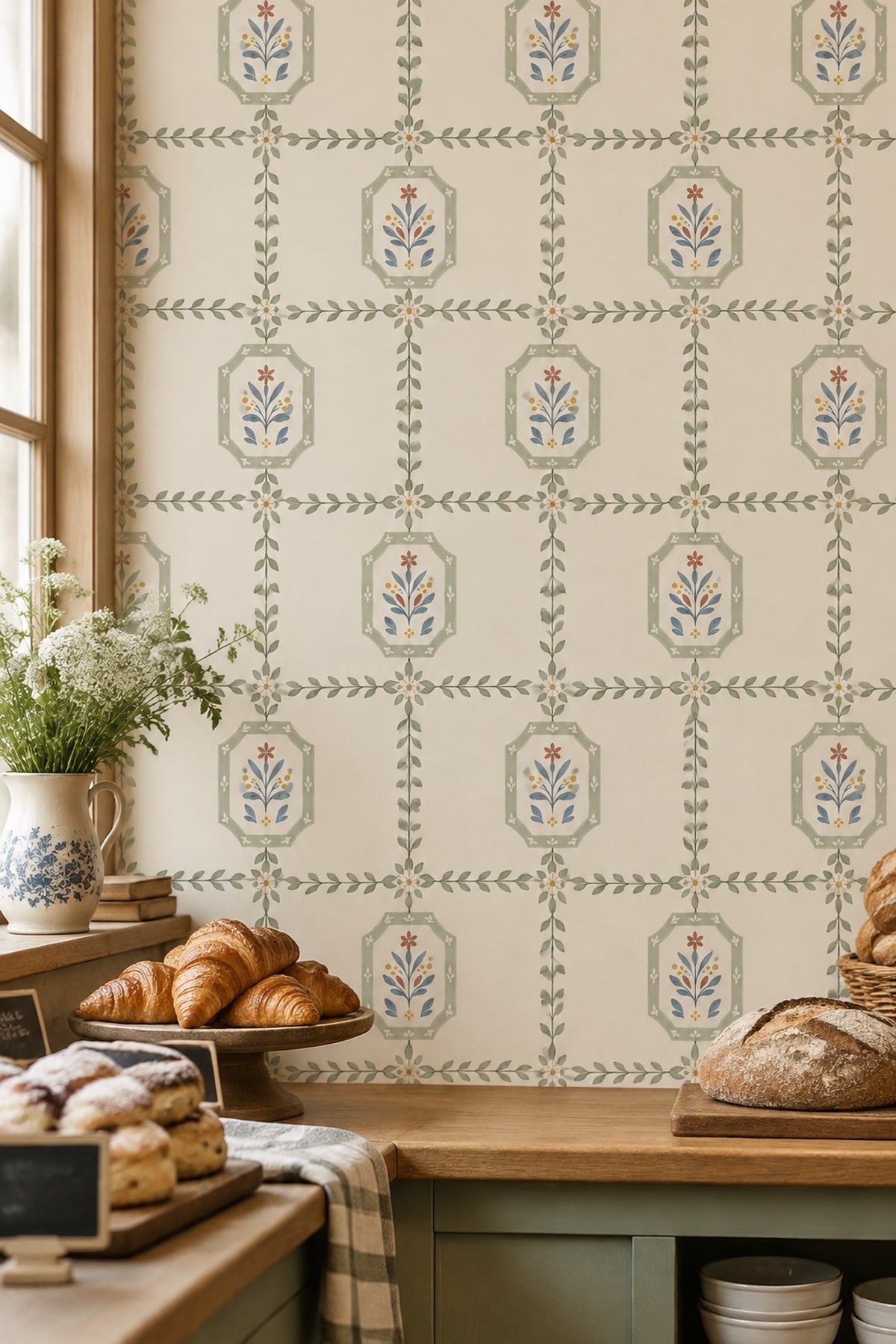 Vintage Çiçek Motifli Duvar Kağıdı Krem Yeşil Karo Desen
