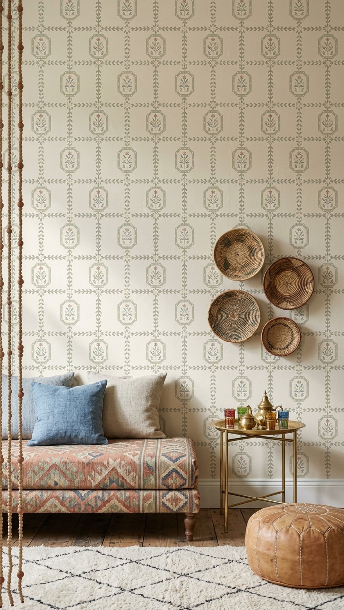 Vintage Çiçek Motifli Duvar Kağıdı Krem Yeşil Karo Desen