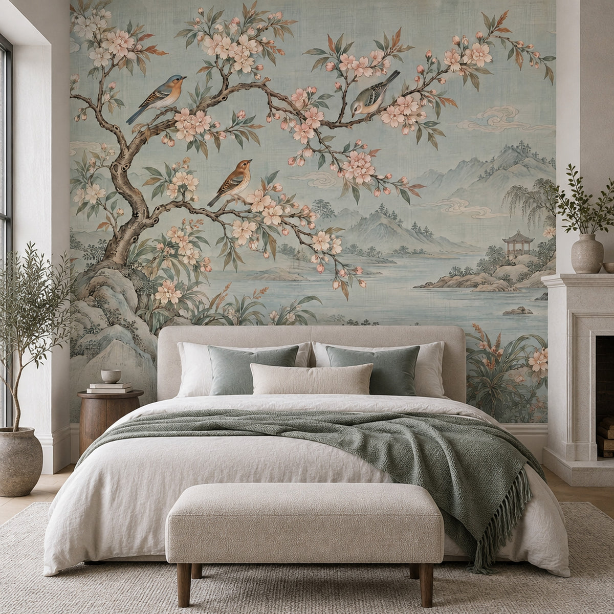 Kuşlu Çiçekli Poster Duvar Kağıdı Pastel Manzara Salon