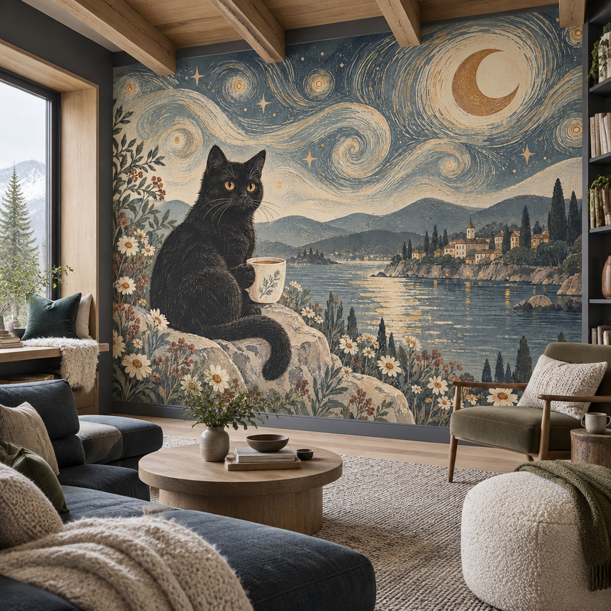 Ay ve Kedi İllüstrasyonlu Poster Duvar Kağıdı Lacivert Salon