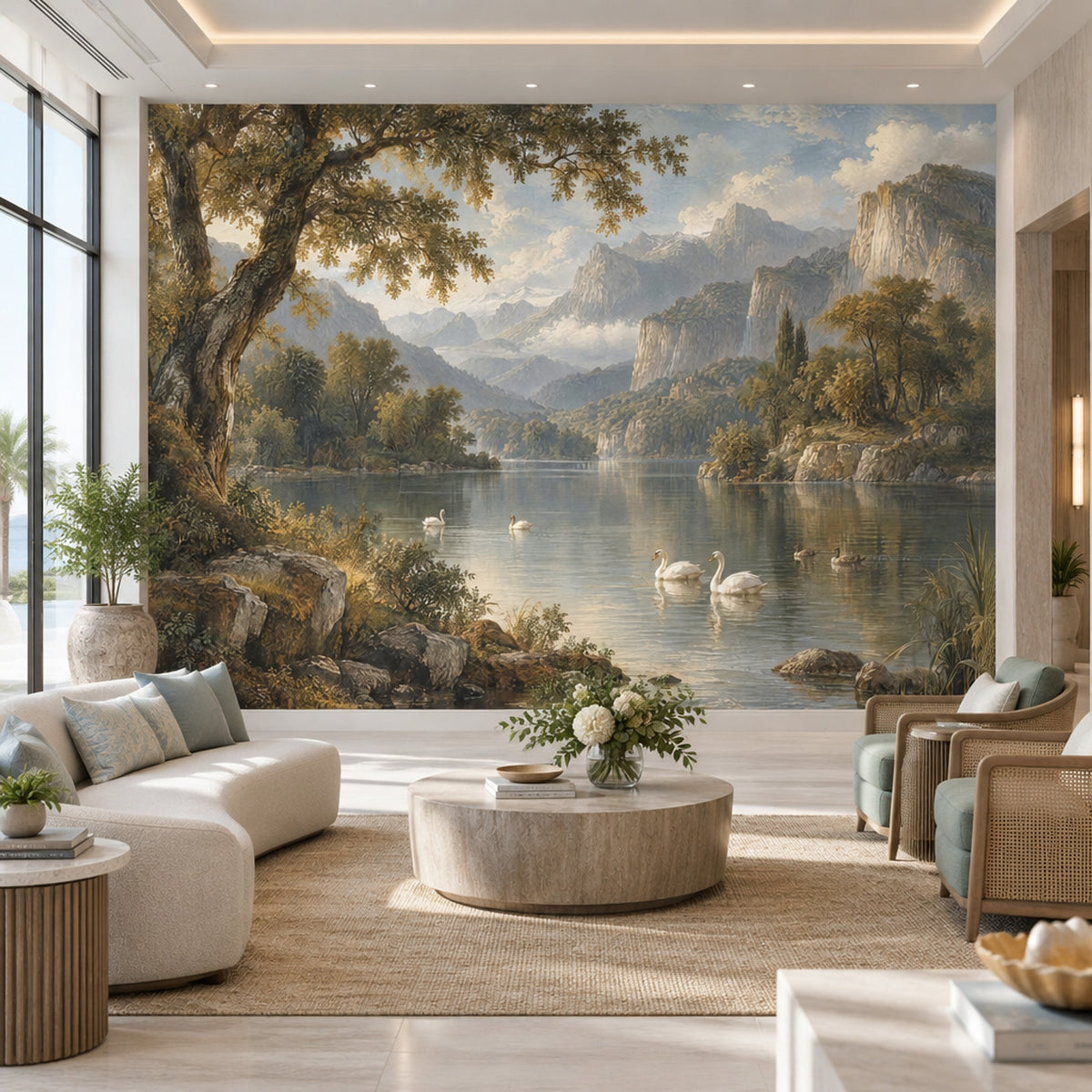 Göl ve Dağ Manzaralı Poster Duvar Kağıdı Yeşil Salon