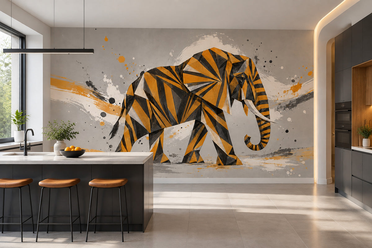Geometrik Fil Poster Duvar Kağıdı Siyah Turuncu Modern