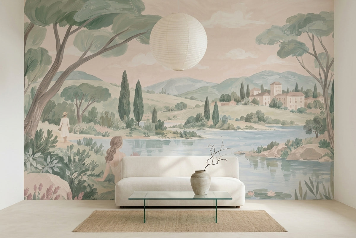 Göl Manzaralı Poster Duvar Kağıdı Pastel Yeşil Salon Dekoru