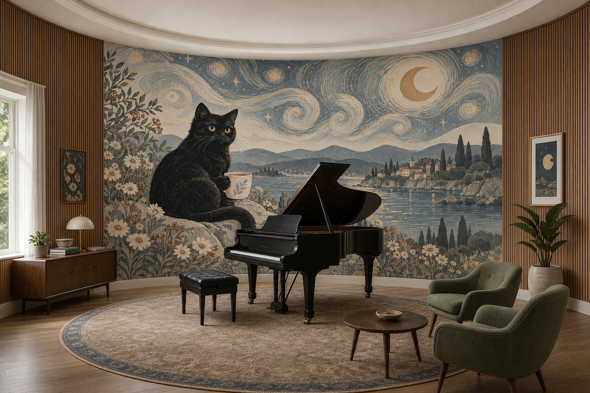 Ay ve Kedi İllüstrasyonlu Poster Duvar Kağıdı Lacivert Salon