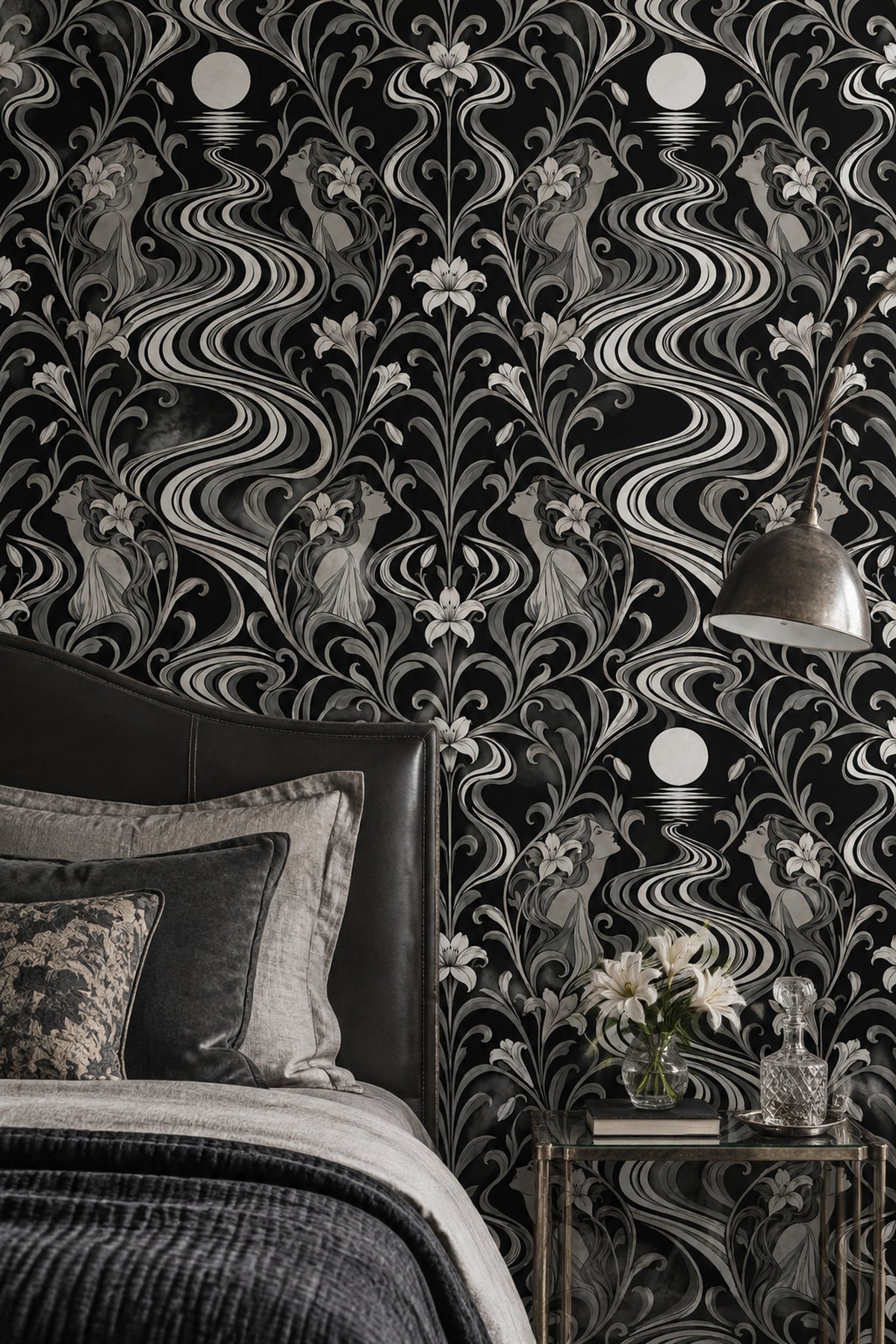 Art Deco Kadın Figürlü Duvar Kağıdı Siyah Beyaz Salon