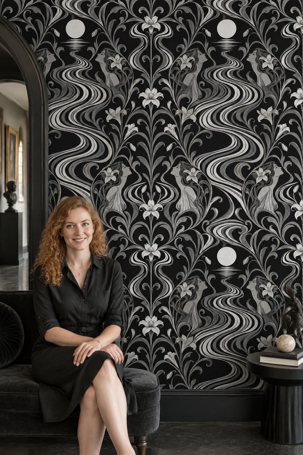 Art Deco Kadın Figürlü Duvar Kağıdı Siyah Beyaz Salon