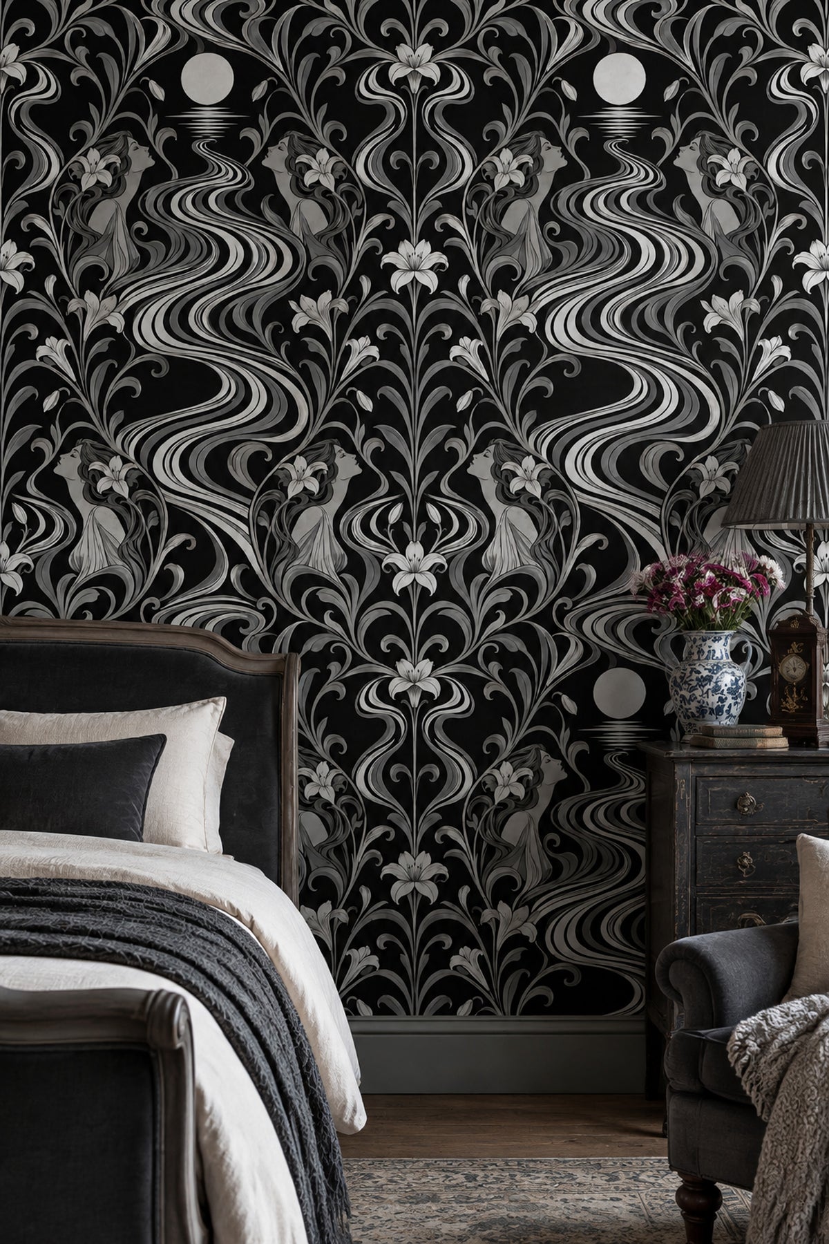 Art Deco Kadın Figürlü Duvar Kağıdı Siyah Beyaz Salon