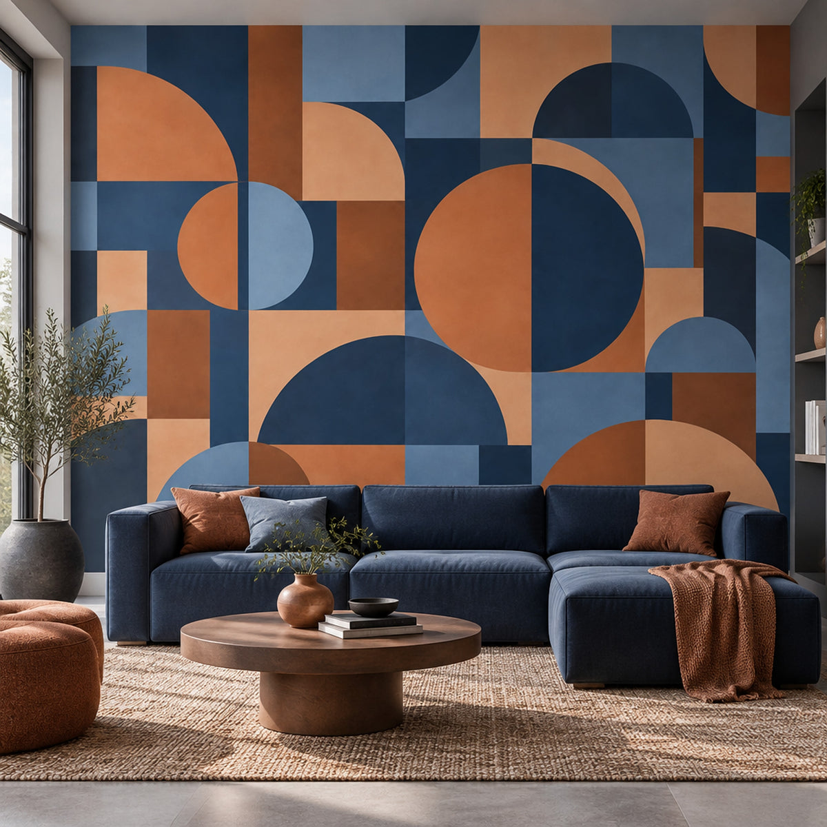 Geometrik Yarım Daireli Poster Duvar Kağıdı Lacivert Turuncu Genç Odası