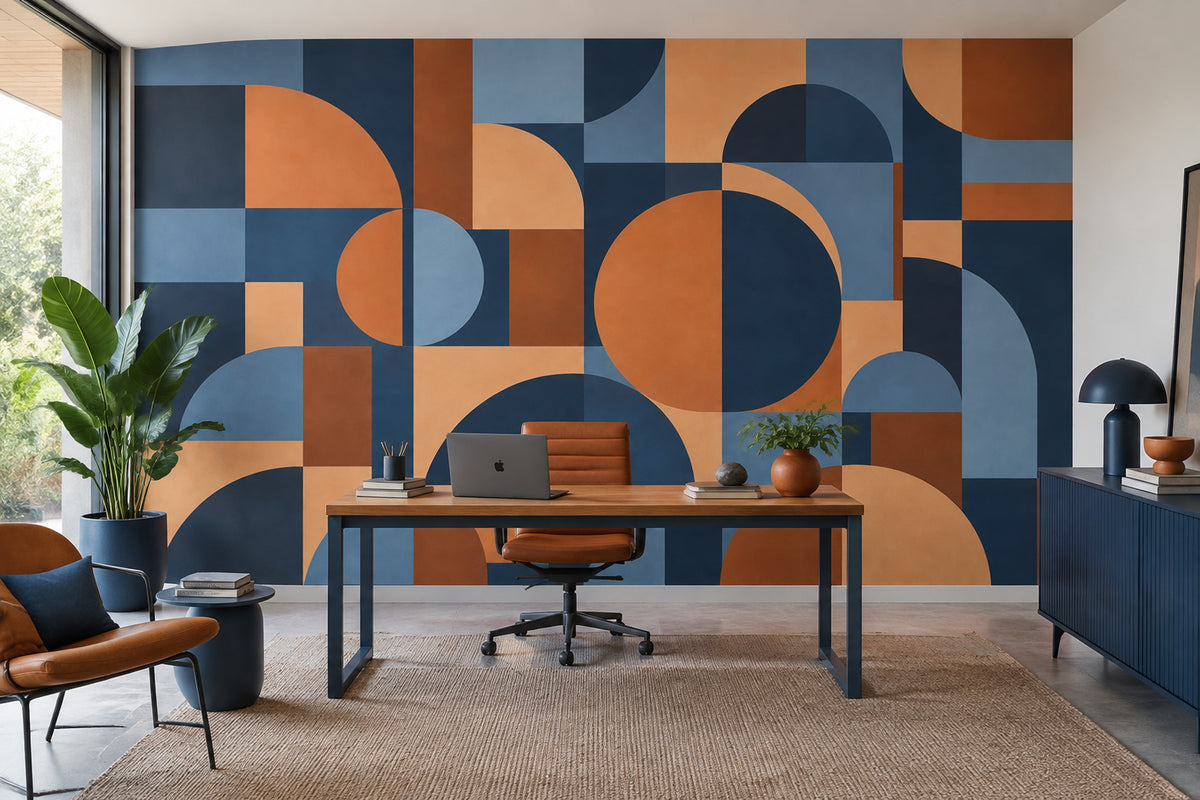Geometrik Yarım Daireli Poster Duvar Kağıdı Lacivert Turuncu Genç Odası