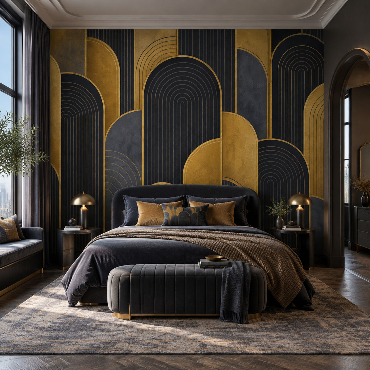 Art Deco Kemer Desenli Poster Duvar Kağıdı Siyah Altın Salon