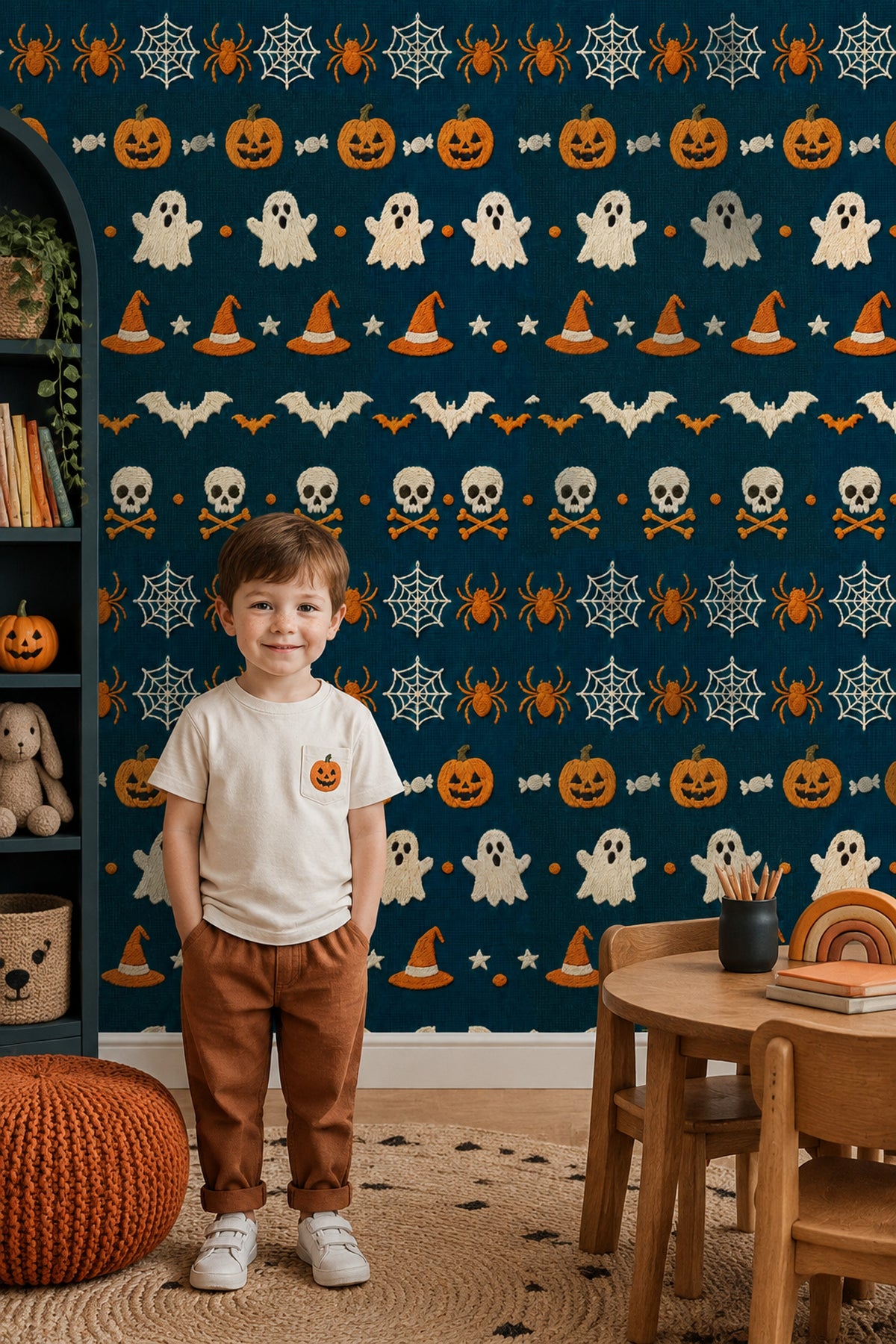 Cadılar Bayramı Simgeli Duvar Kağıdı Lacivert Turuncu Desenli