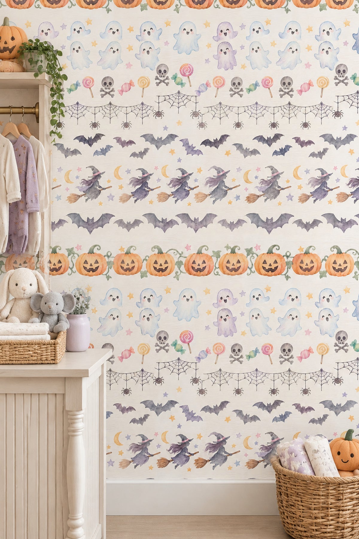 Cadılar Bayramı Desenli Duvar Kağıdı Pastel Çocuk Odası