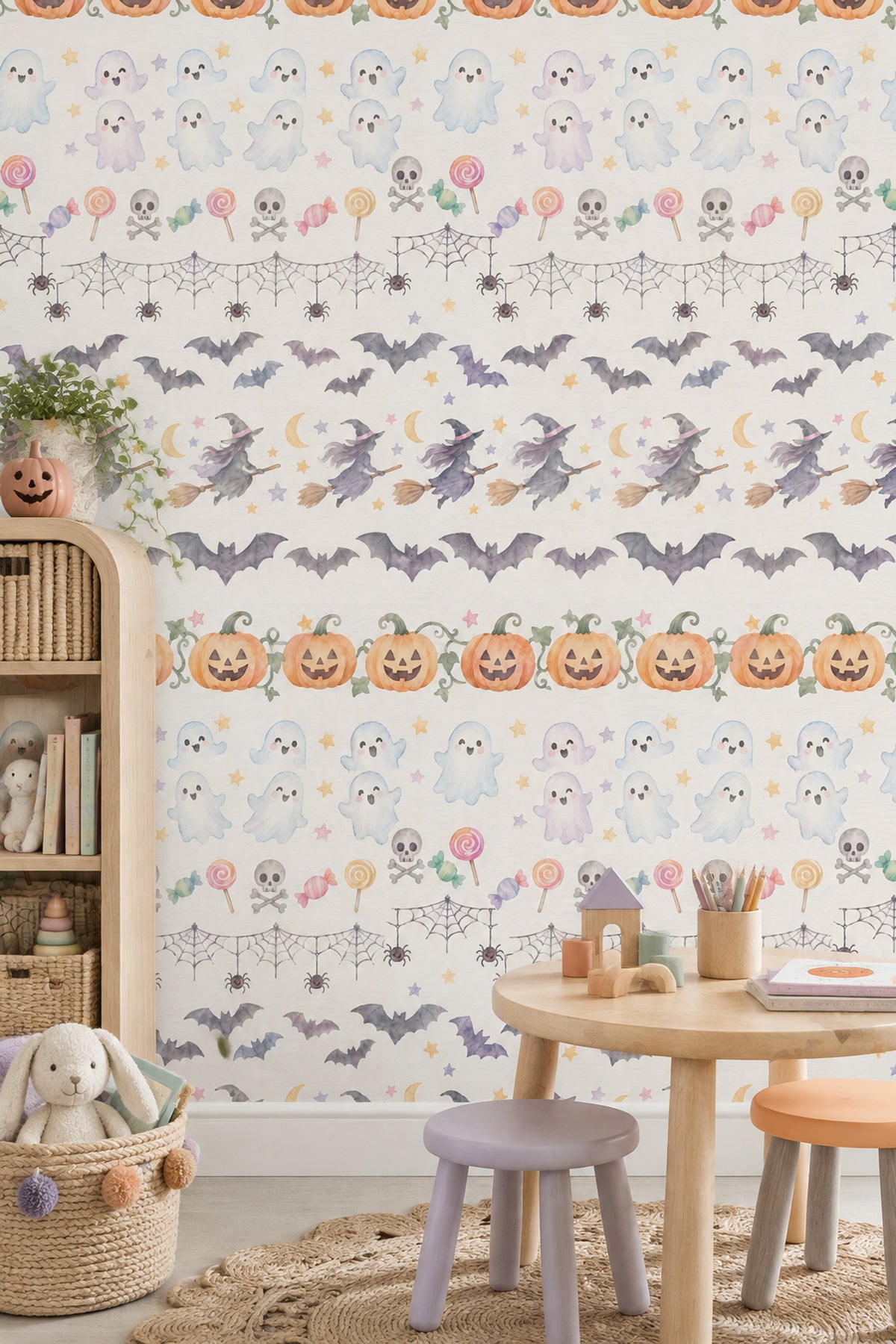 Cadılar Bayramı Desenli Duvar Kağıdı Pastel Çocuk Odası