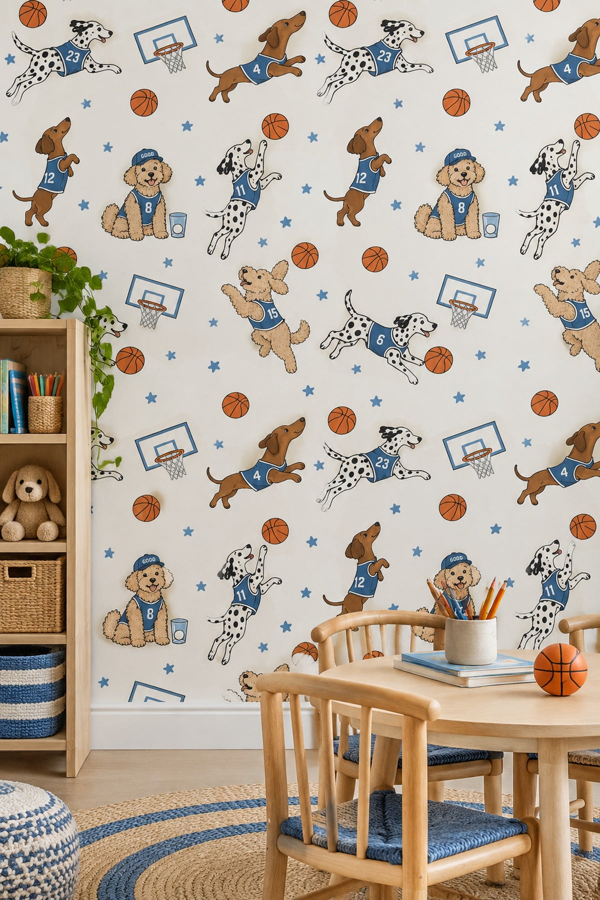 Basketbol Oynayan Köpekli Duvar Kağıdı Mavi Çocuk Odası