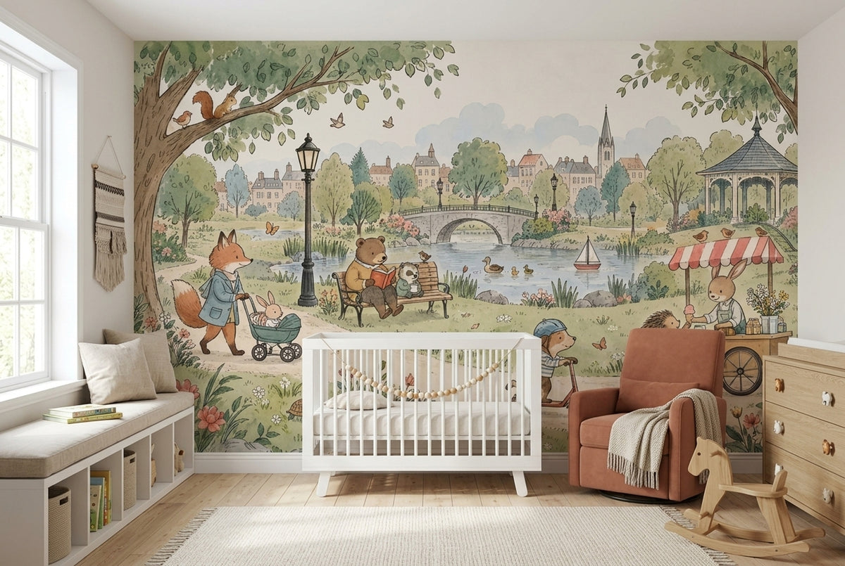 Hayvanlı Park Manzarası Poster Duvar Kağıdı Pastel Çocuk Odası