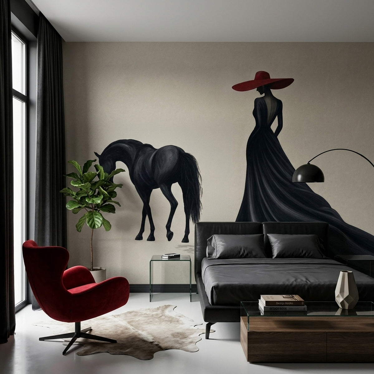 Atlı Kadın Silüetli Poster Duvar Kağıdı Siyah Kırmızı Salon