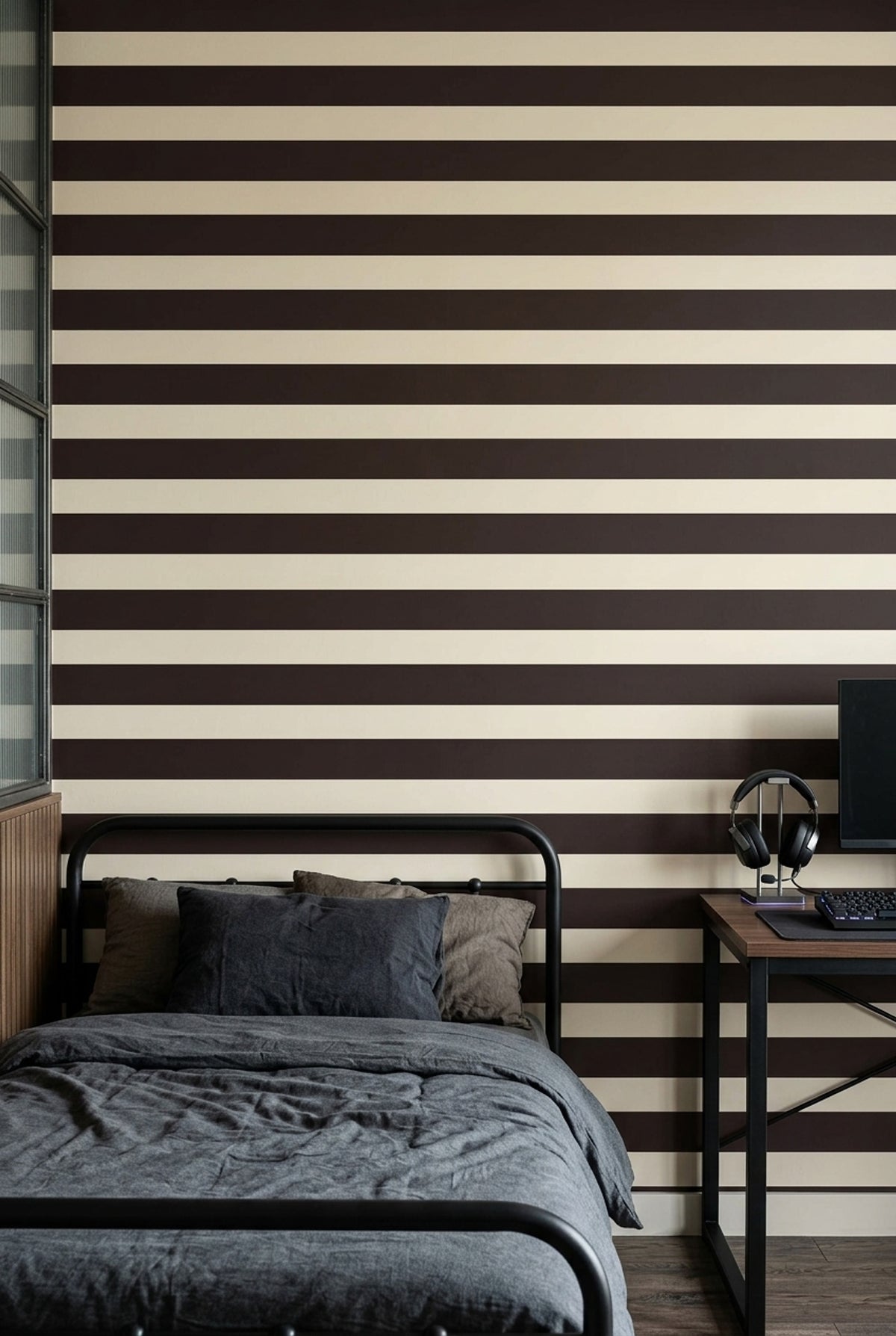 Siyah Bej Çizgili Duvar Kağıdı Modern Salon Duvar Dekoru