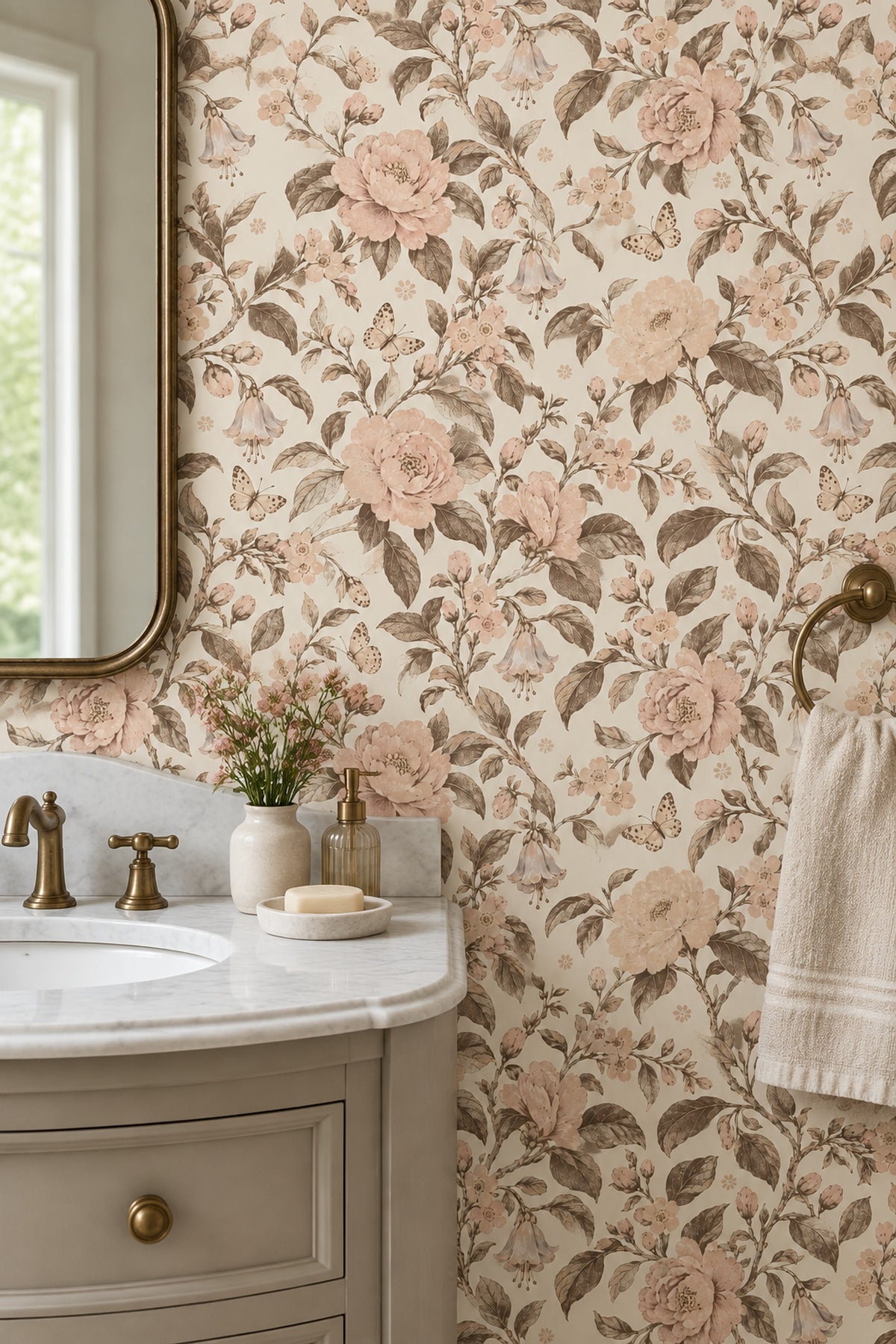 Pudra Pembe Çiçek Desenli Duvar Kağıdı Klasik Banyo