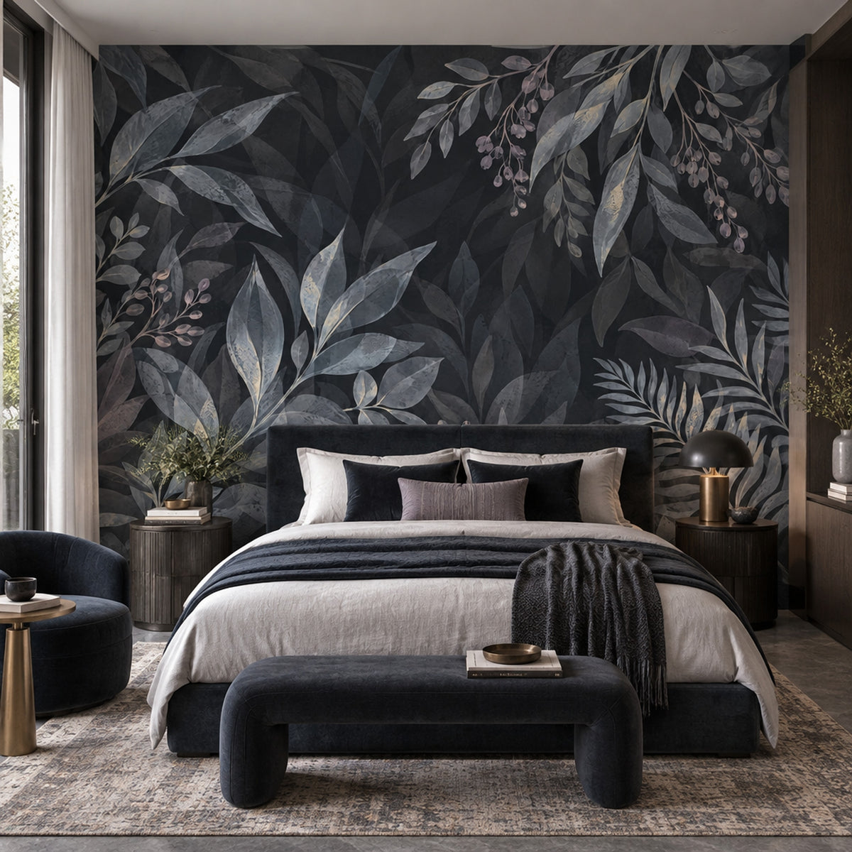 Koyu Yaprak Desenli Poster Duvar Kağıdı Modern Salon Dekoru