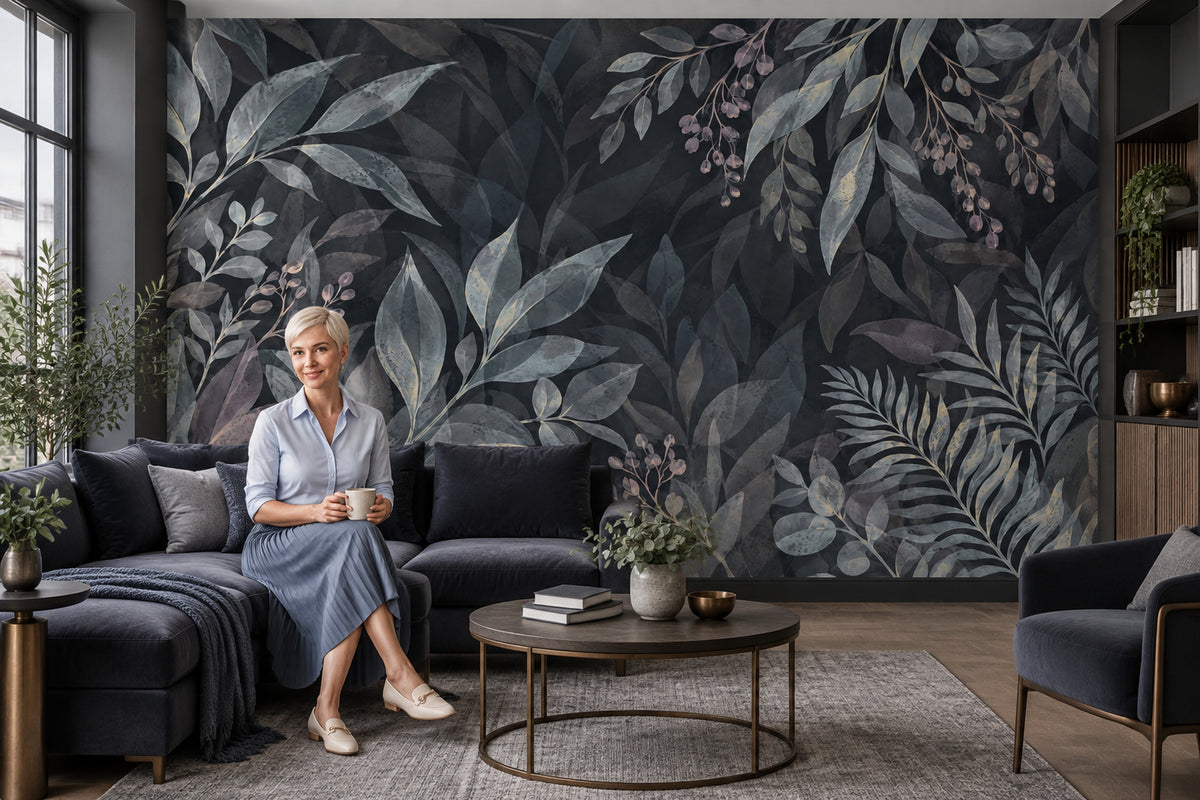 Koyu Yaprak Desenli Poster Duvar Kağıdı Modern Salon Dekoru