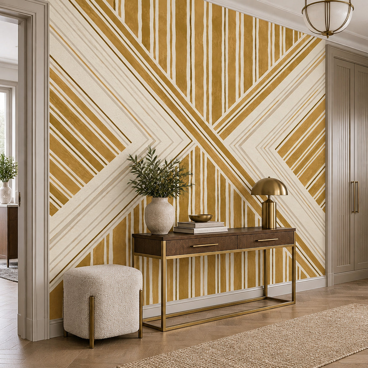Geometrik Çizgili Poster Duvar Kağıdı Altın Krem Salon
