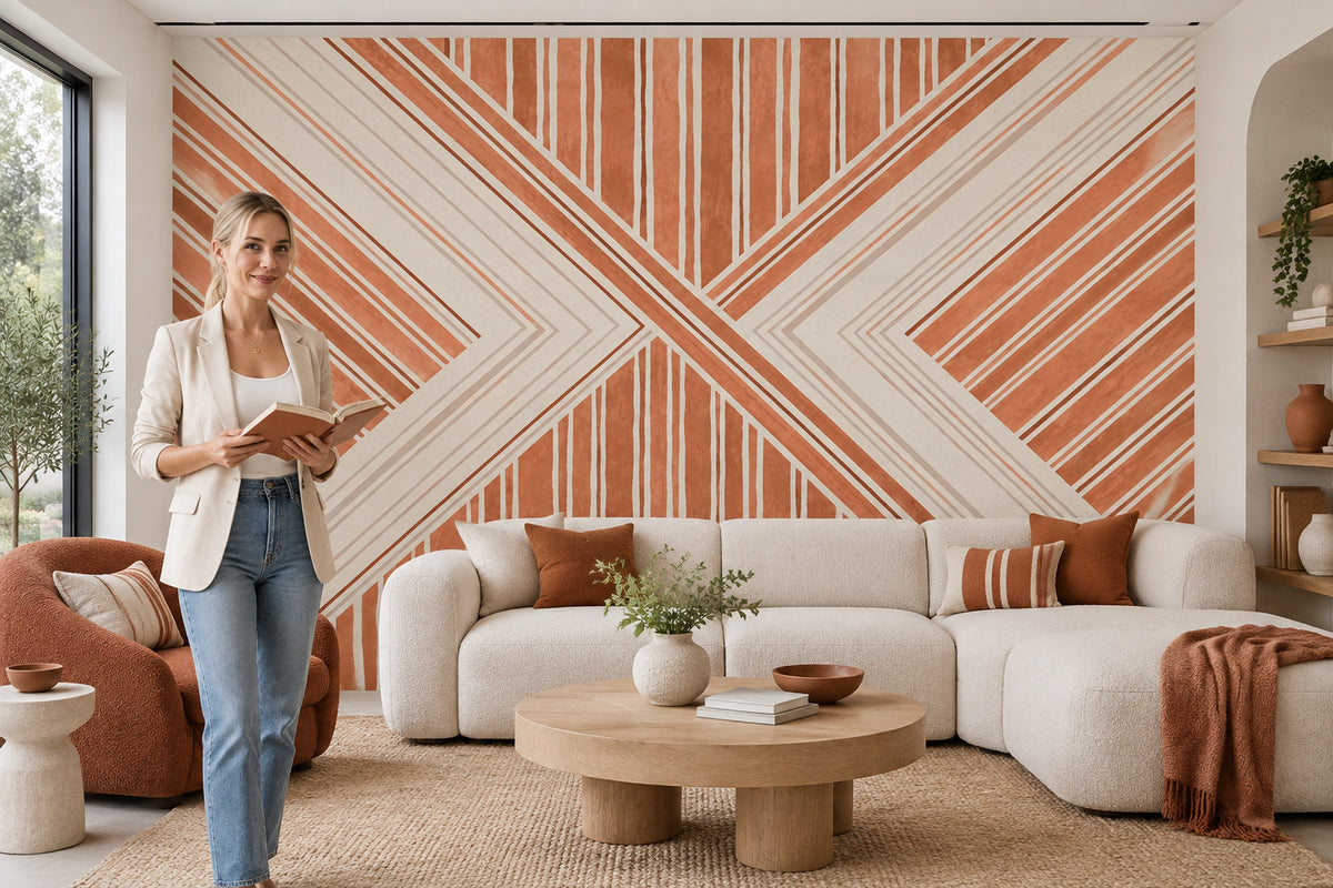 Geometrik Çizgili Poster Duvar Kağıdı Kiremit Bej Yatak Odası