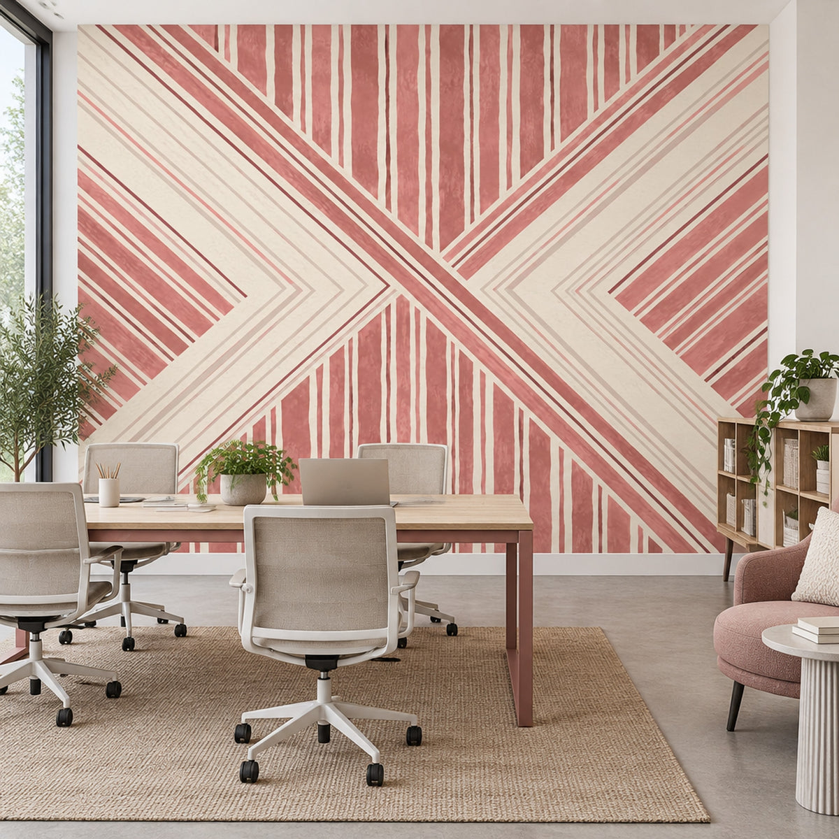 Geometrik Çizgili Poster Duvar Kağıdı Pudra Pembe Salon
