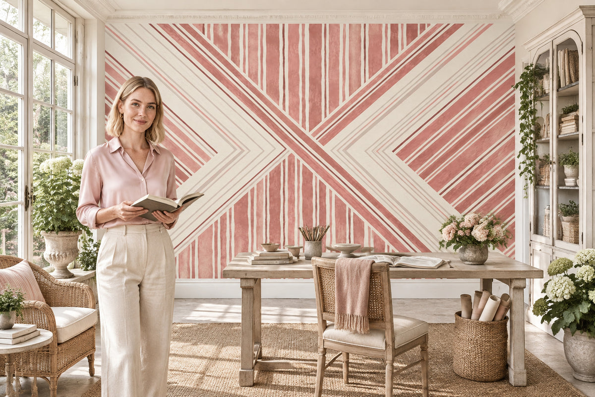 Geometrik Çizgili Poster Duvar Kağıdı Pudra Pembe Salon