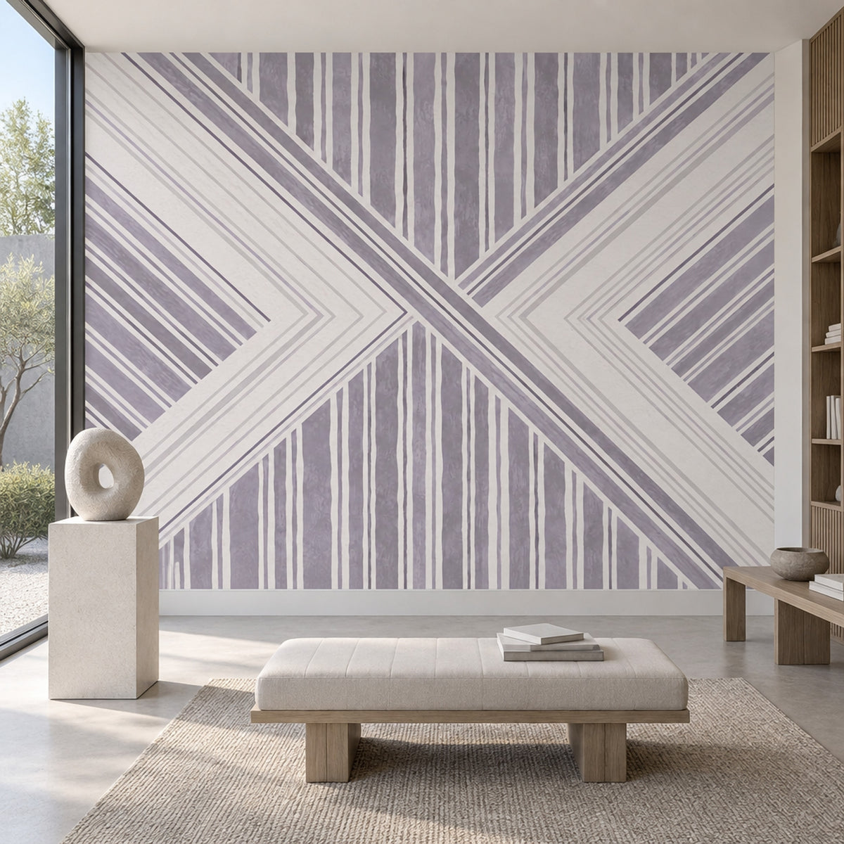 Geometrik Çizgili Poster Duvar Kağıdı Lila Beyaz Salon Dekoru
