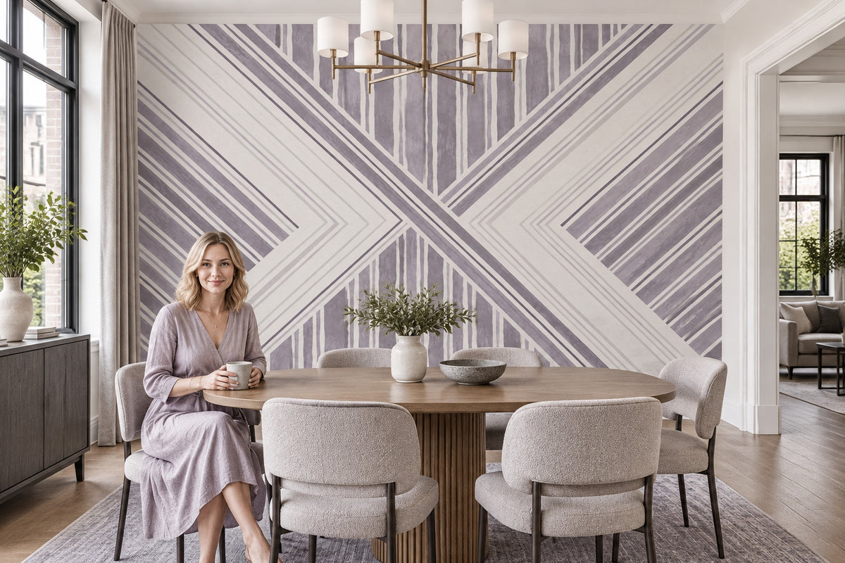 Geometrik Çizgili Poster Duvar Kağıdı Lila Beyaz Salon Dekoru