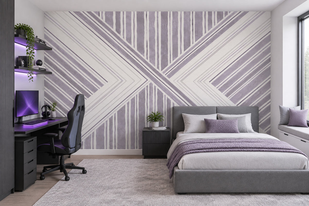 Geometrik Çizgili Poster Duvar Kağıdı Lila Beyaz Salon Dekoru
