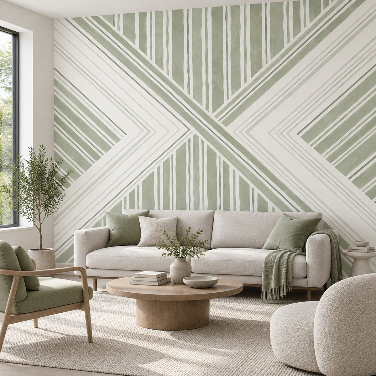 Geometrik Çizgili Poster Duvar Kağıdı Adaçayı Yeşili Salon