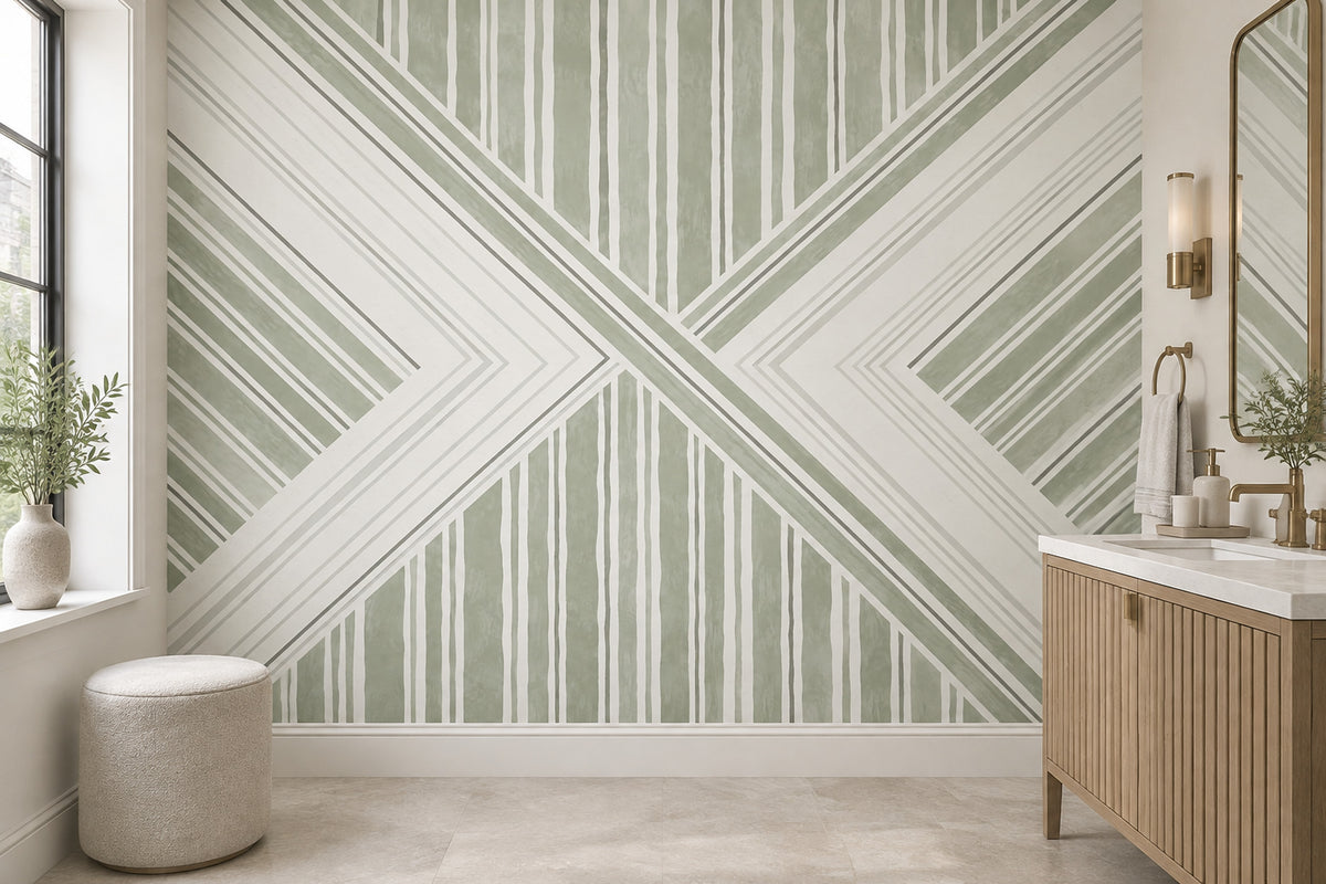 Geometrik Çizgili Poster Duvar Kağıdı Adaçayı Yeşili Salon