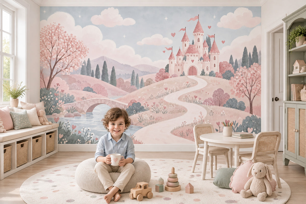 Masalsı Şato Manzaralı Poster Duvar Kağıdı Pastel Çocuk Odası