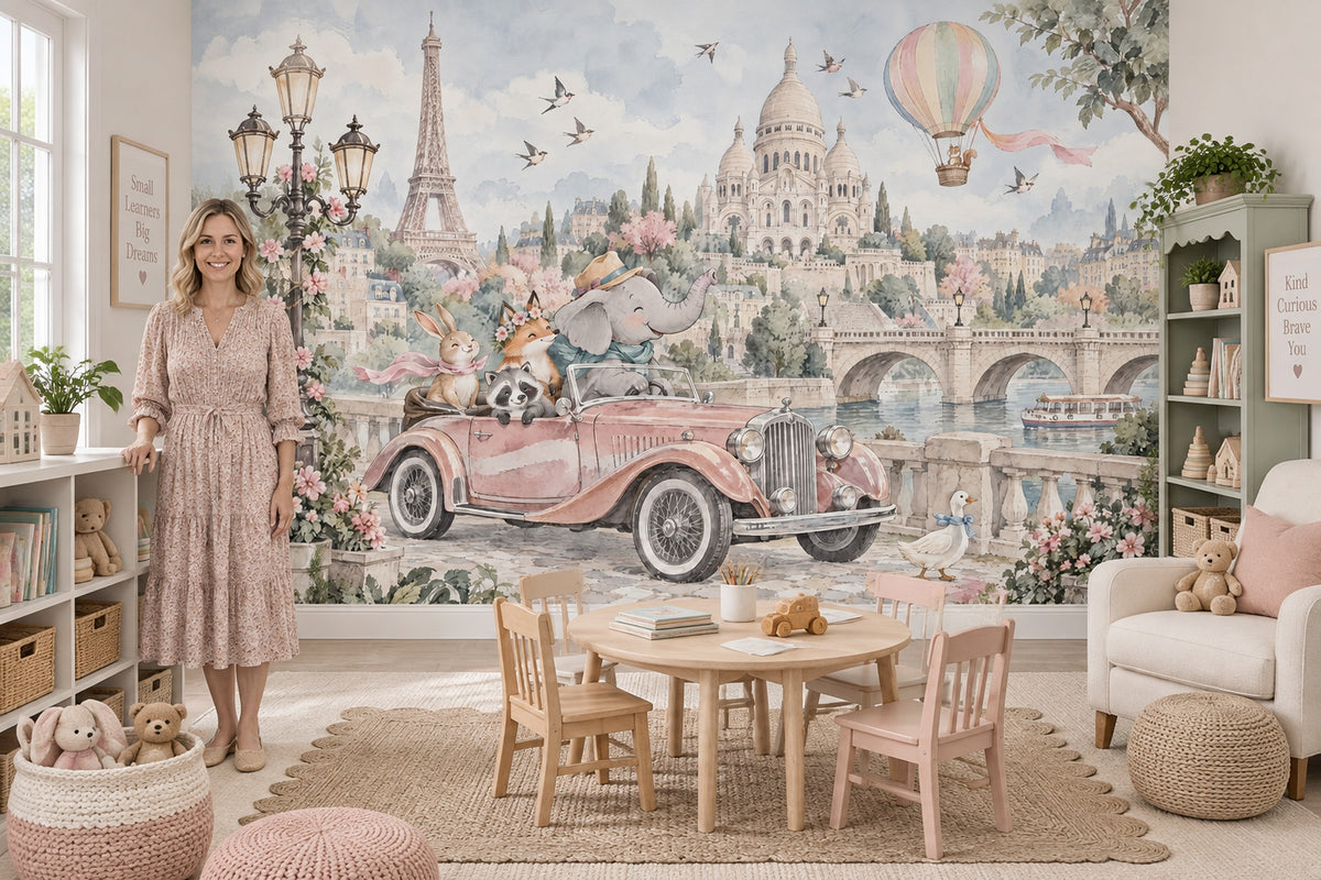 Paris Manzaralı Poster Duvar Kağıdı Pastel Çocuk Odası Desenli