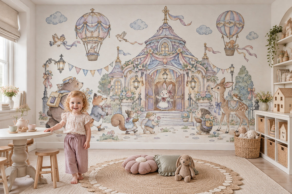 Pastel Hayvanlı Balonlu Poster Duvar Kağıdı Bebek Odası