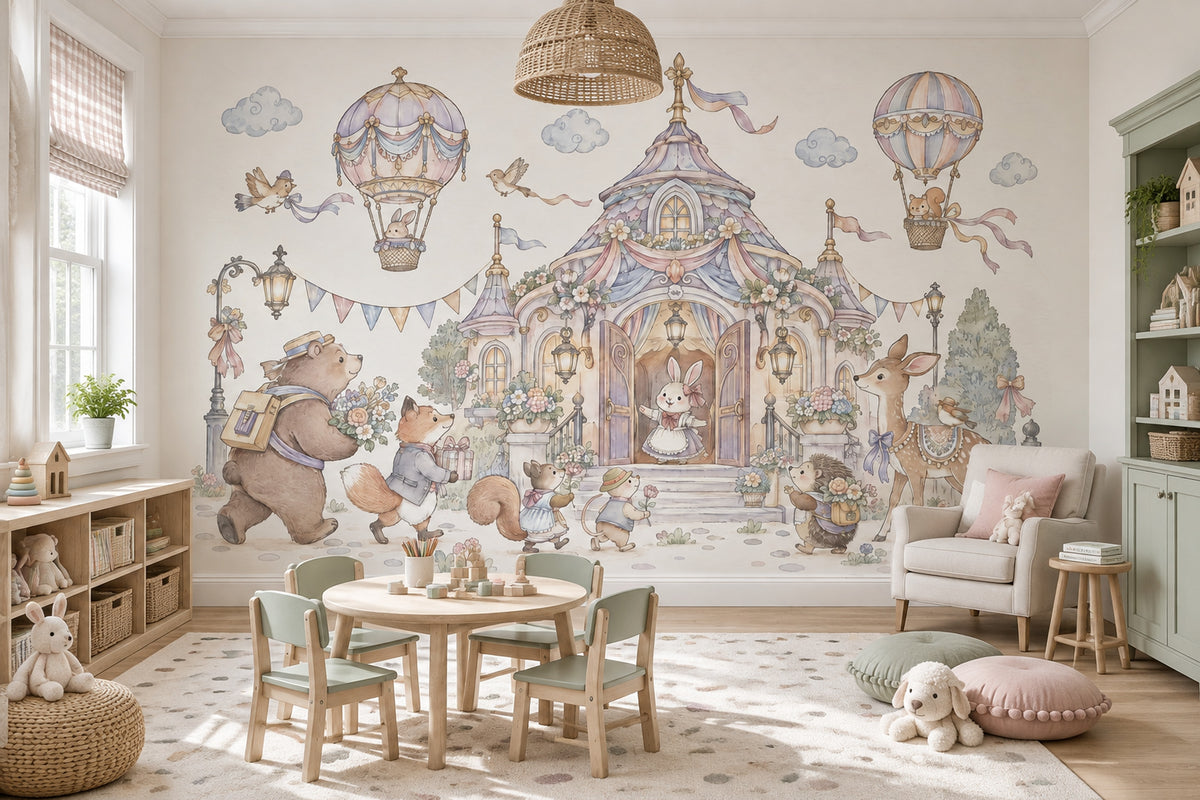 Pastel Hayvanlı Balonlu Poster Duvar Kağıdı Bebek Odası