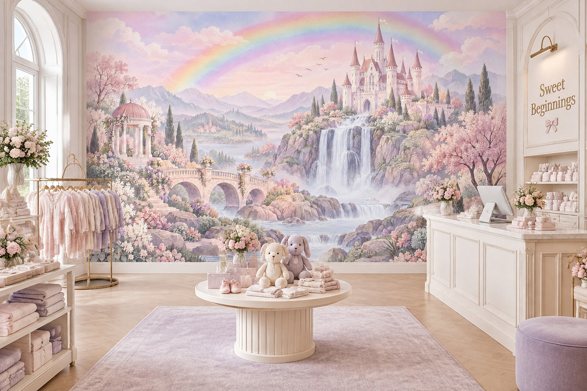 Gökkuşaklı Şato Manzarası Poster Duvar Kağıdı Pastel Çocuk Odası