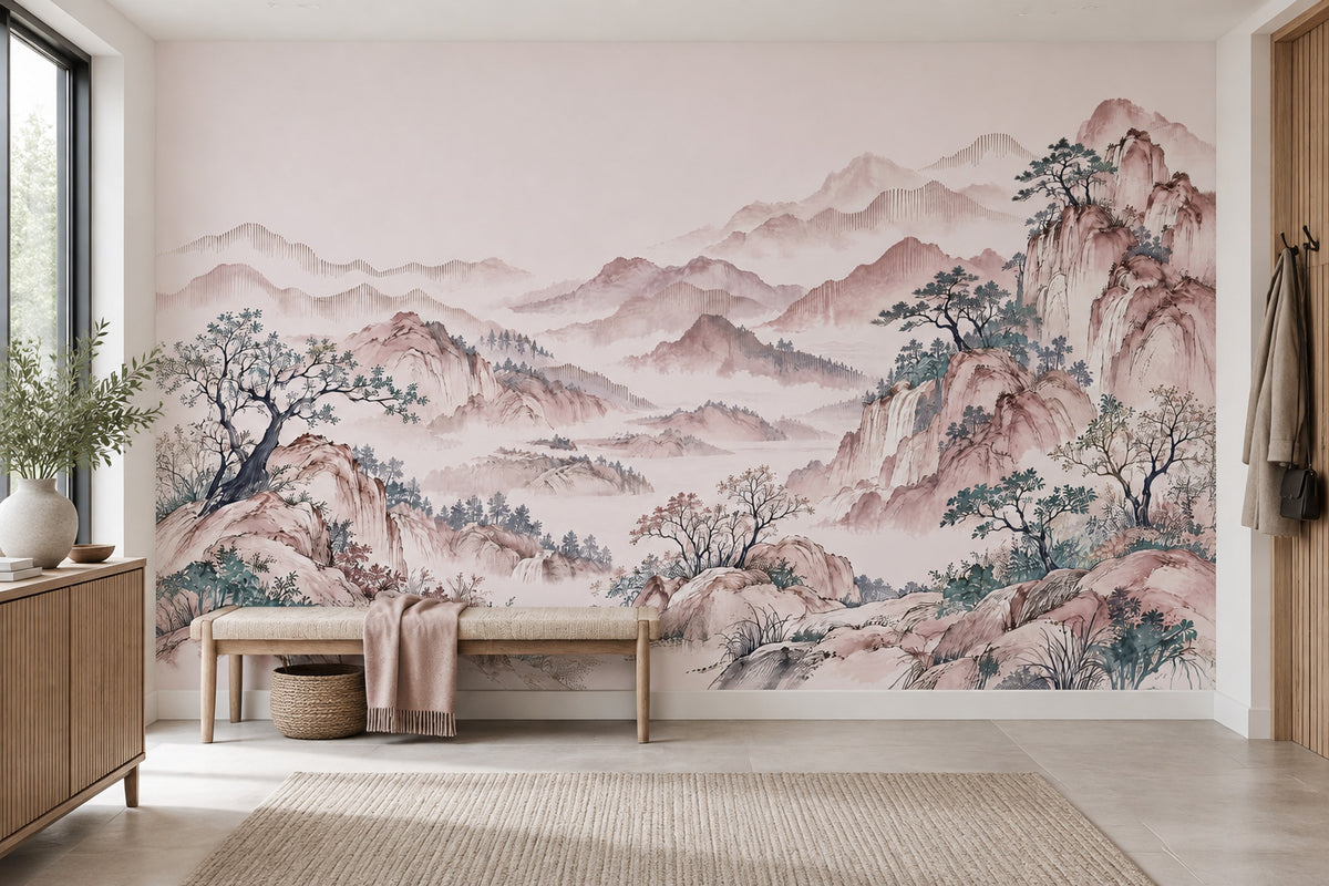 Sisli Dağ Manzaralı Poster Duvar Kağıdı Pastel Pembe Salon